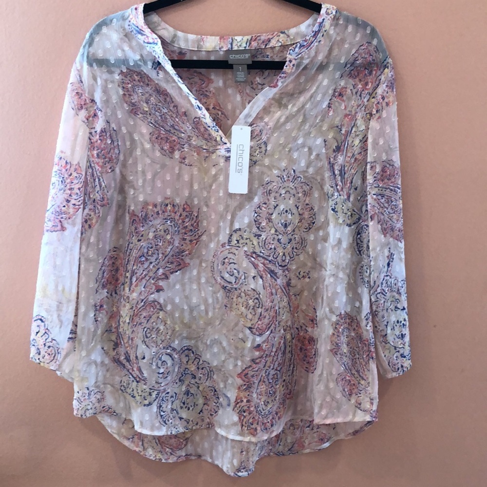 Chico’s V neck floral paisley sheer pink blue multicolor 3/4 sleeves size 1 Or M